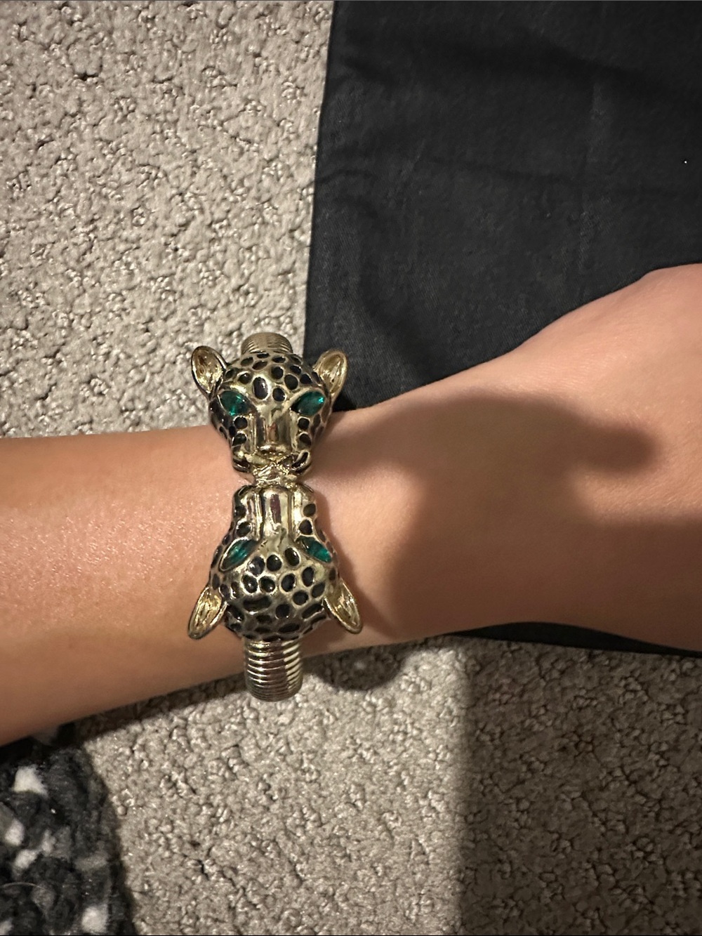 Gold-Tone Leopard Cuff Bracelet with Green Accents